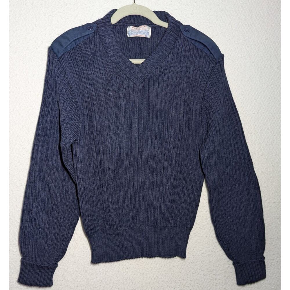 Vtg Iron Run Sweater Men Sz 38 M Blue 100% Virgin Wool Pullover V Neck Military